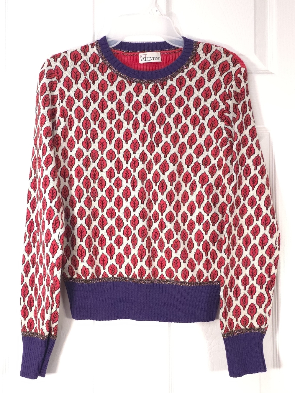 RED Valentino Red Leaf Jacquard Knit Sweater Retro Purple Trim S